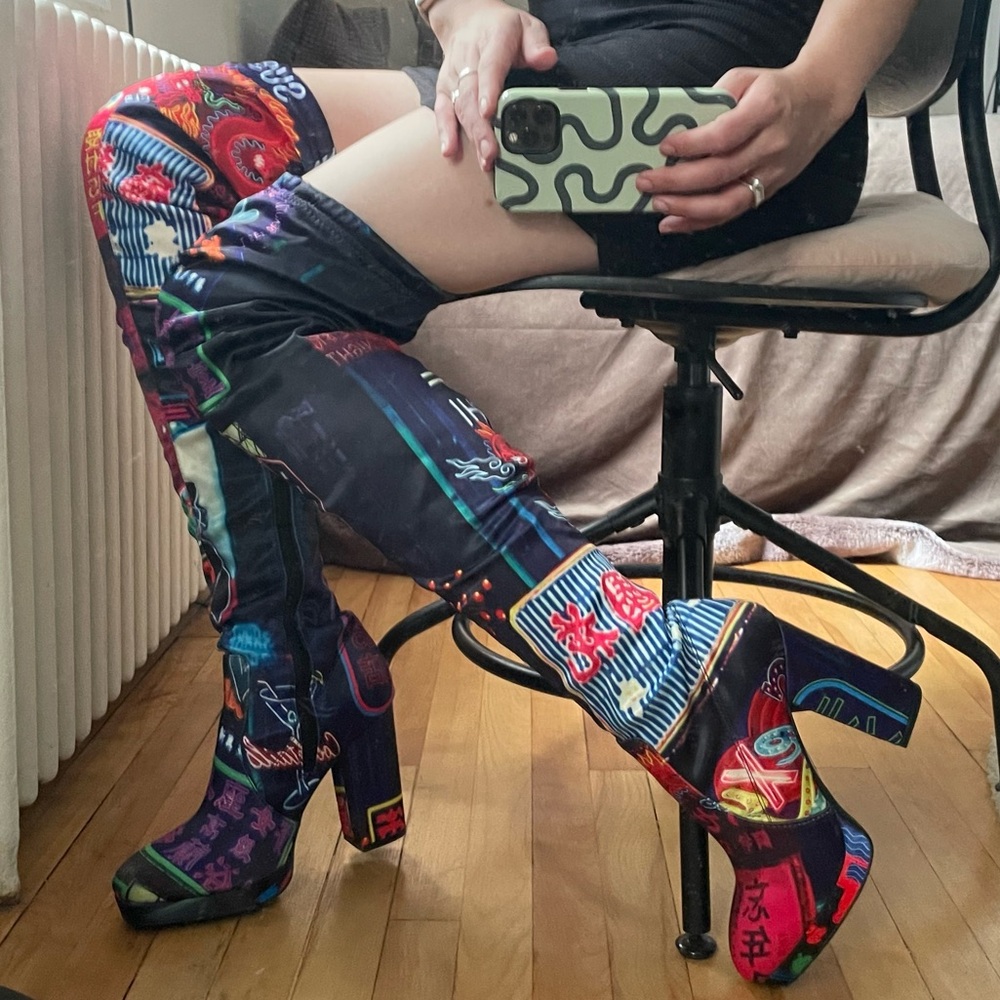 NWOT Doll’s Kill thigh-high graphic boots NEVER WORN